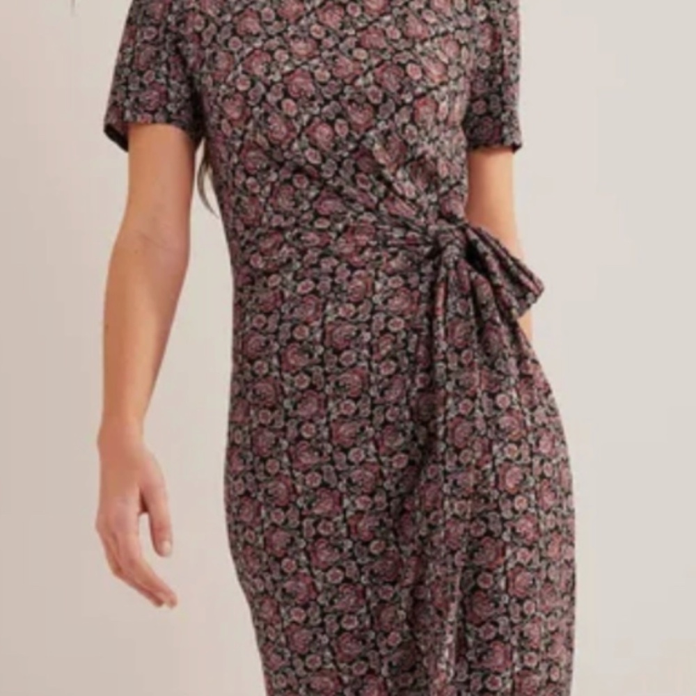 Boden Women's US 2R Knot Front Jersey Midi Dress Black Block Paisley